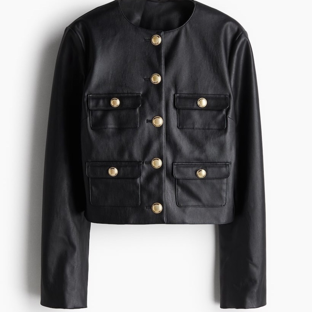 H&M Black Faux Leather Collarless Blazer Gold Button Jacket Size XL - Picture 2 of 9